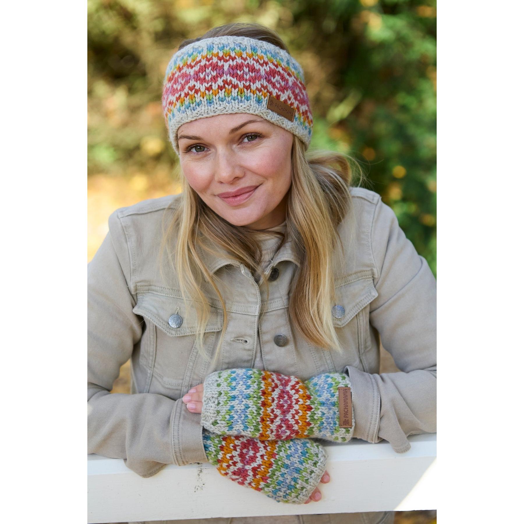 Pachamama Killarney Headband and Mittens set in pure Merino wool, oatmeal color with rainbow pattern, outdoor winter accessory.