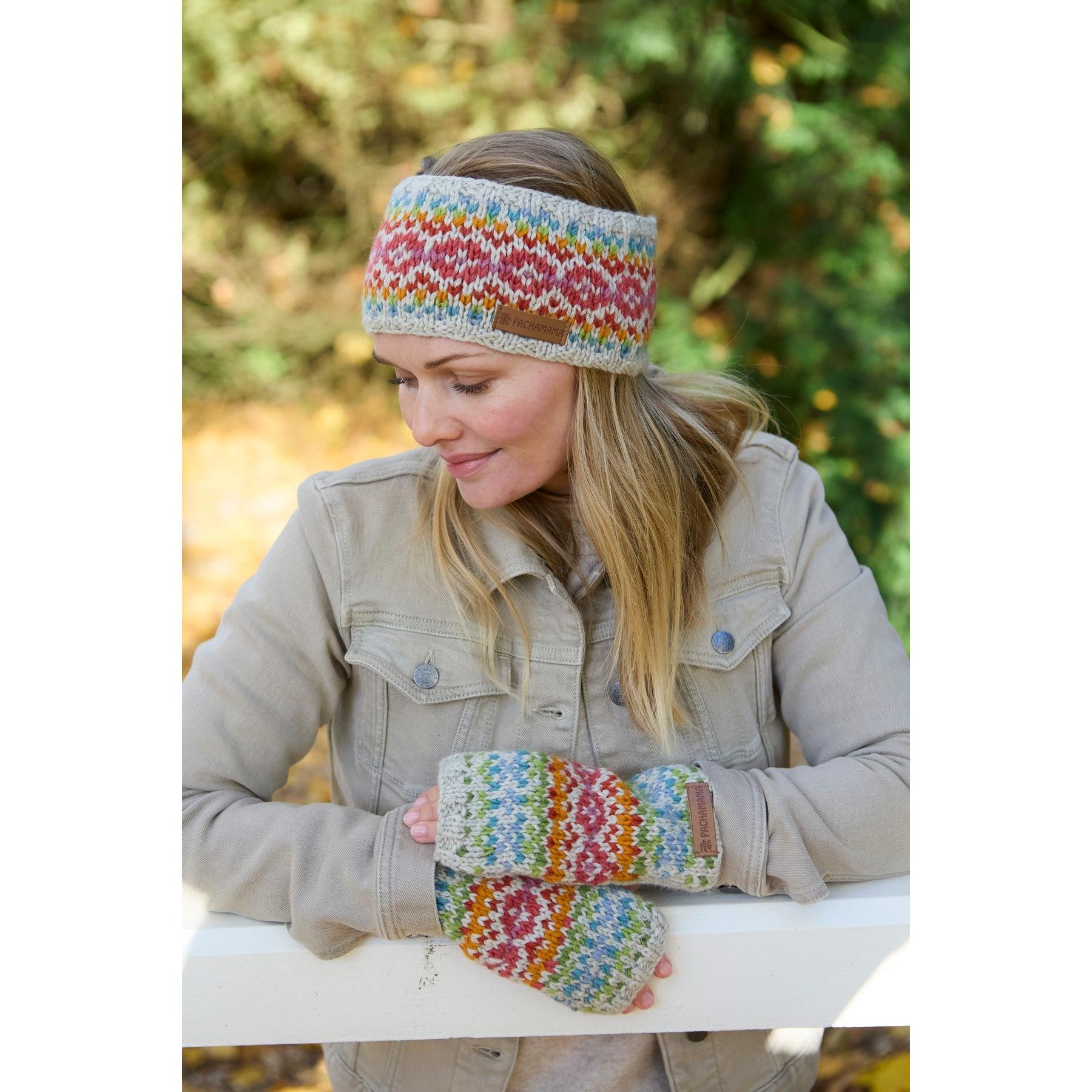 Pachamama Killarney Headband and Mittens Set in Oatmeal, hand-knit Merino wool with colorful pattern, outdoor fall wear for women.
