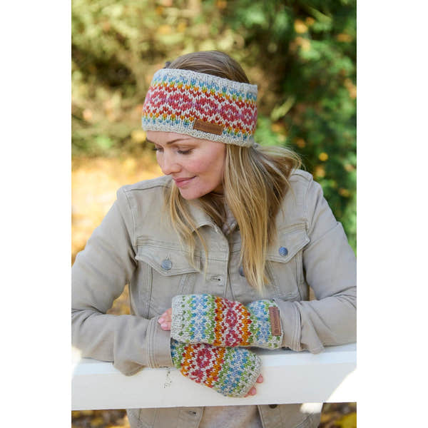 Pachamama Killarney Headband and Mittens Set in Oatmeal, hand-knit Merino wool with colorful pattern, outdoor fall wear for women.