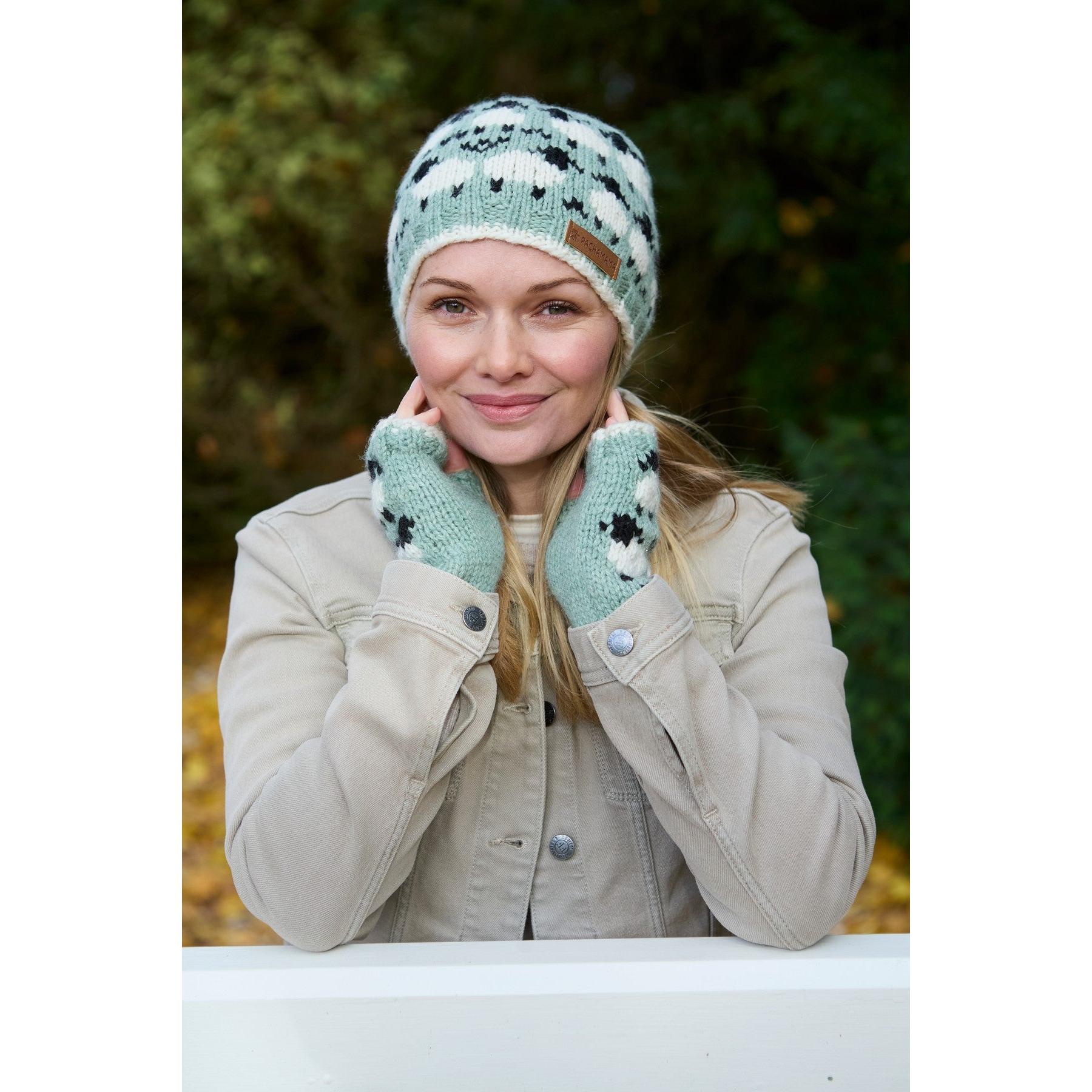 Pachamama Merino Sheep Handwarmer and Green Beanie, knit wool accessories for women, outdoor winter fashion, cozy and stylish.