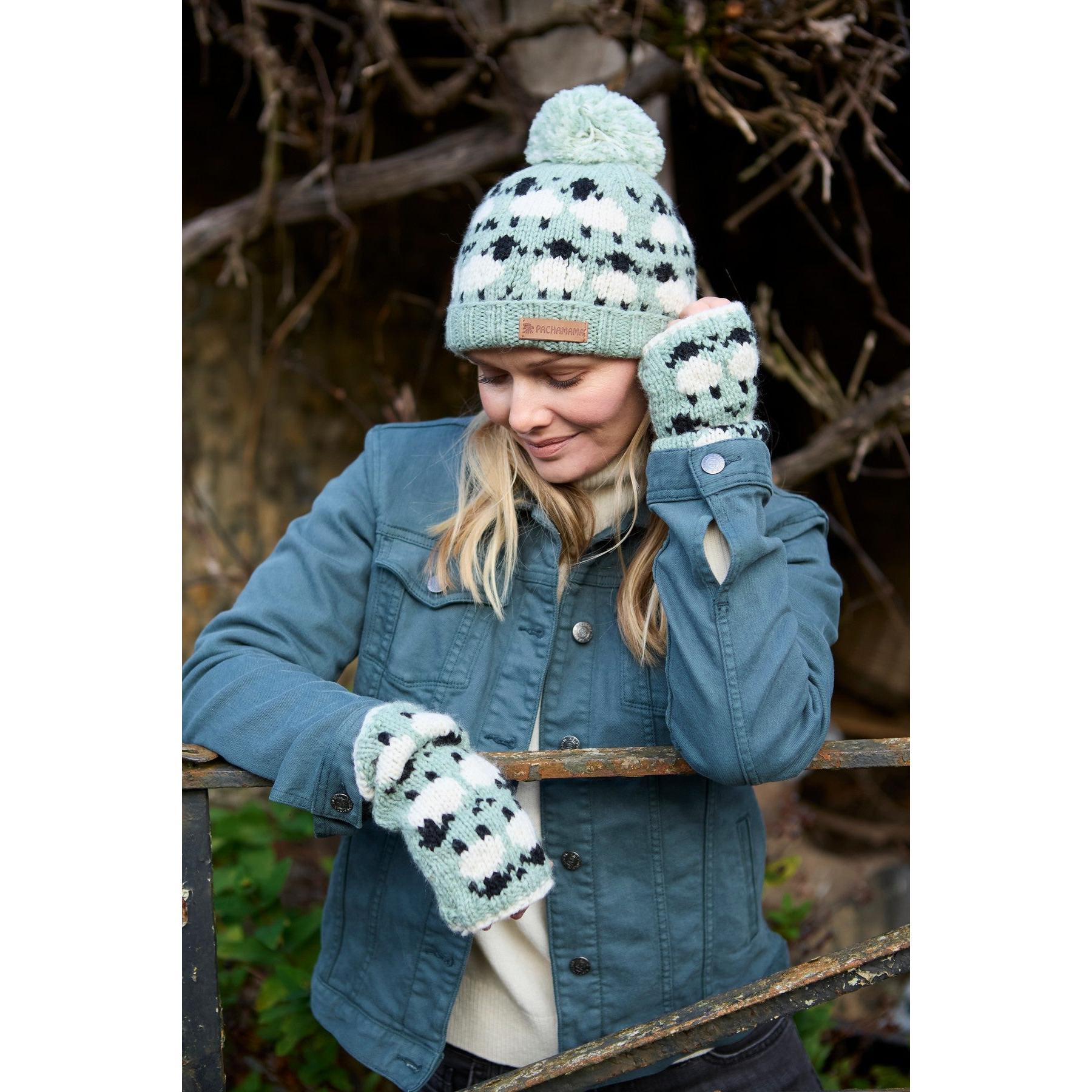Green Pachamama Merino sheep roll-back bobble beanie with matching mittens, outdoor fashion, warm and cozy.