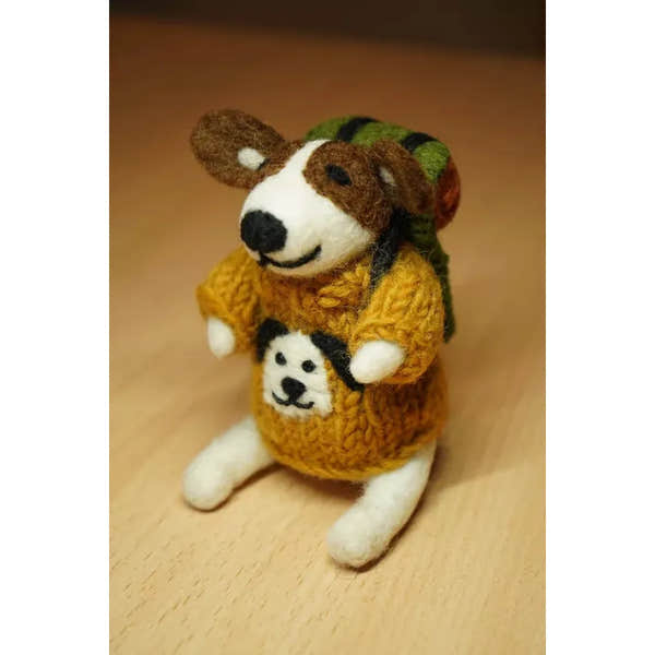 Felted wool llama plush toy wearing a knit yellow sweater with a dog face design, carrying a backpack, "Pachamama Rambling Roger" product.
