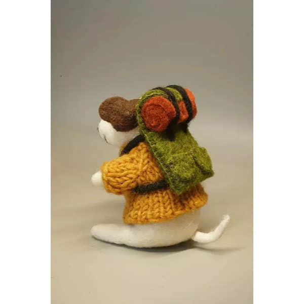 Felted mouse doll wearing a yellow dress and green backpack with red headphones, "Pachamama Rambling Roger" figurine.