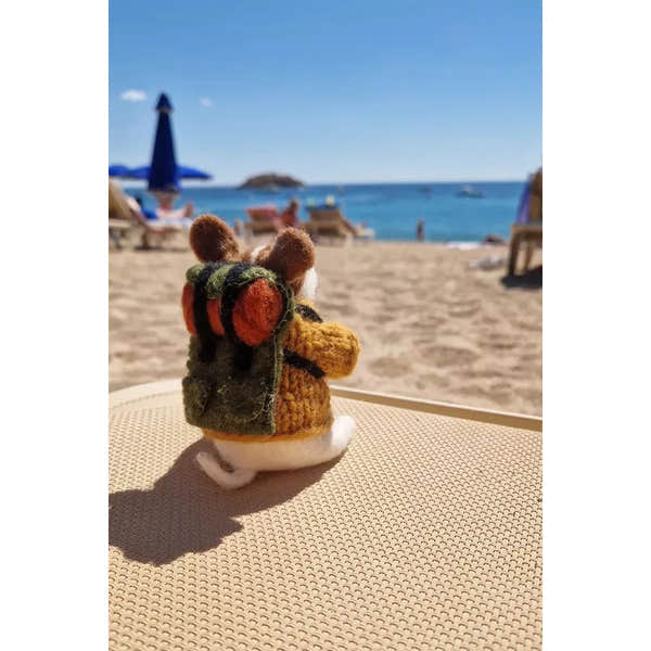 Felted Pachamama Rambling Roger plush toy on beach with ocean, sand, and umbrellas in background.