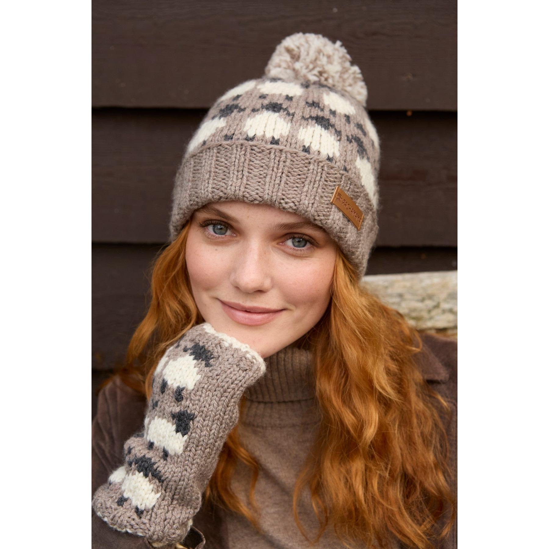 Pachamama Merino sheep roll-back beanie and matching mittens with mushroom pattern, soft wool knit, warm winter accessory.