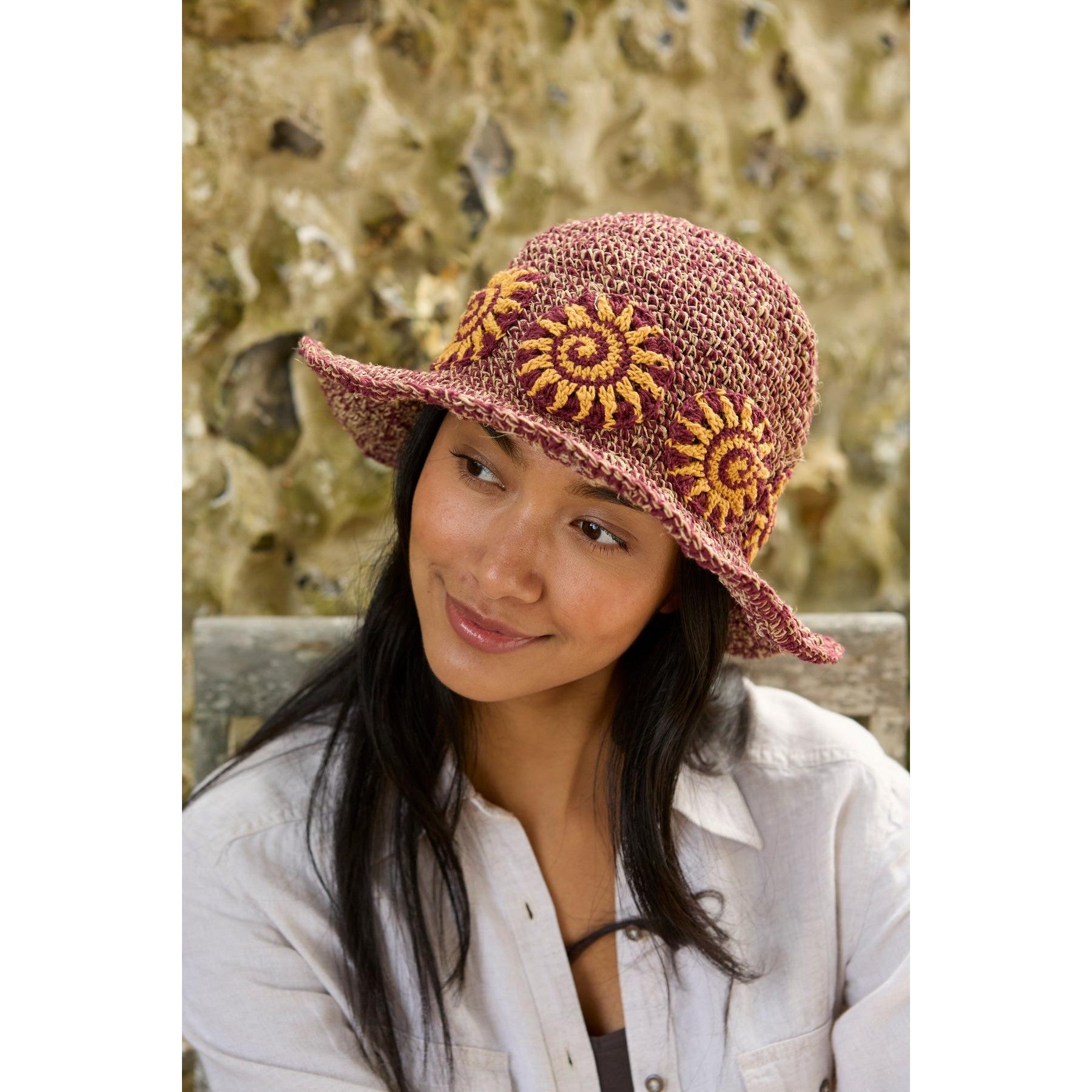 Pachamama Sunshine Hemp/Cotton Hat Burgundy, crocheted cotton and hemp hat; product view 2.