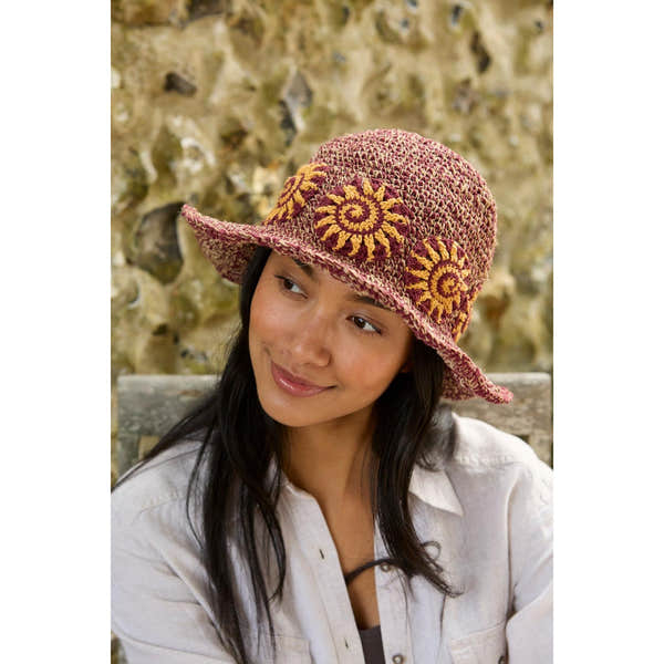 Pachamama Sunshine Hemp/Cotton Hat Burgundy, crocheted cotton and hemp hat; product view 2.