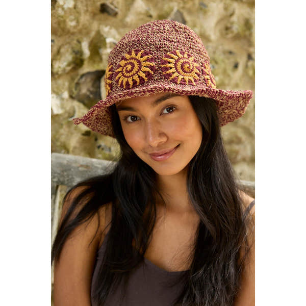 Pachamama Sunshine Hemp/Cotton Hat Burgundy, crocheted cotton and hemp hat; product view 3.