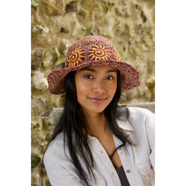 Pachamama Sunshine Hemp/Cotton Hat Burgundy, crocheted cotton and hemp hat; product view 4.