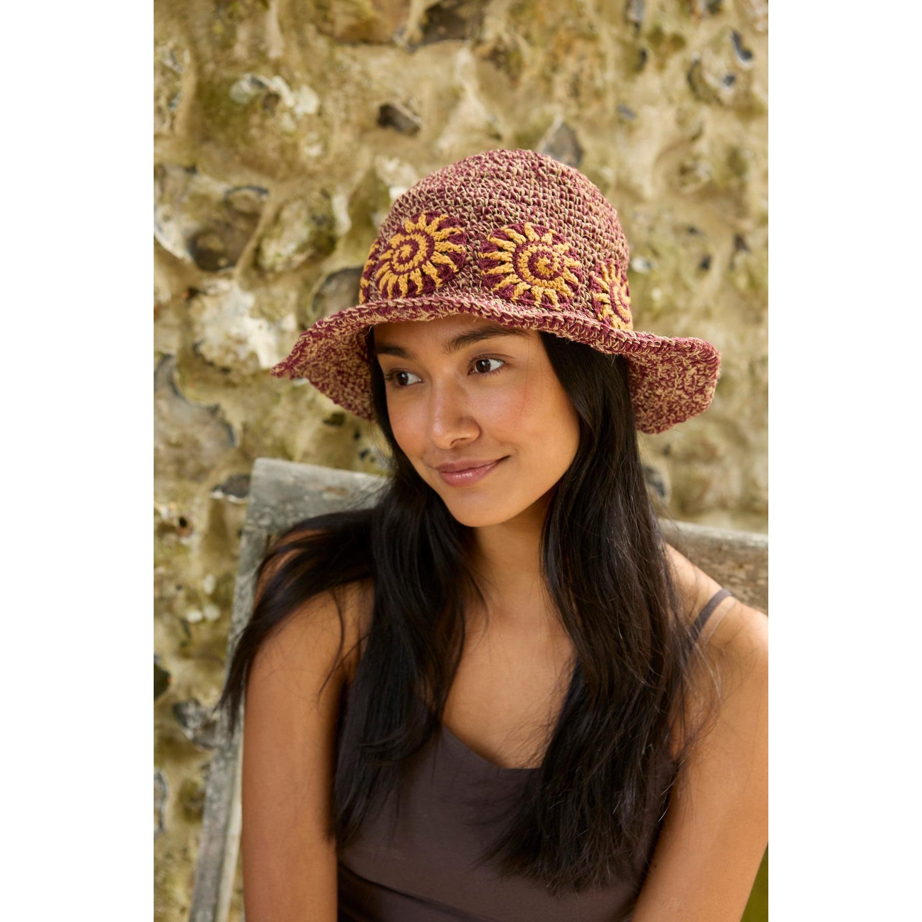 Pachamama Sunshine Hemp/Cotton Hat Burgundy, crocheted cotton and hemp hat; product view 5.