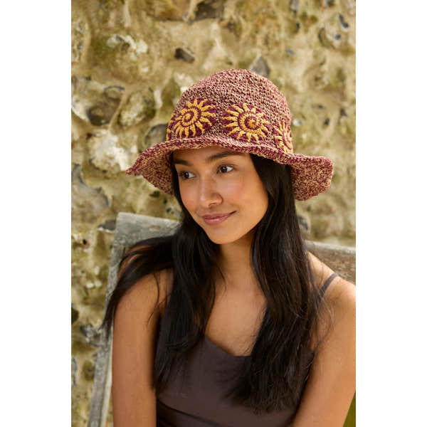 Pachamama Sunshine Hemp/Cotton Hat Burgundy, crocheted cotton and hemp hat; product view 5.