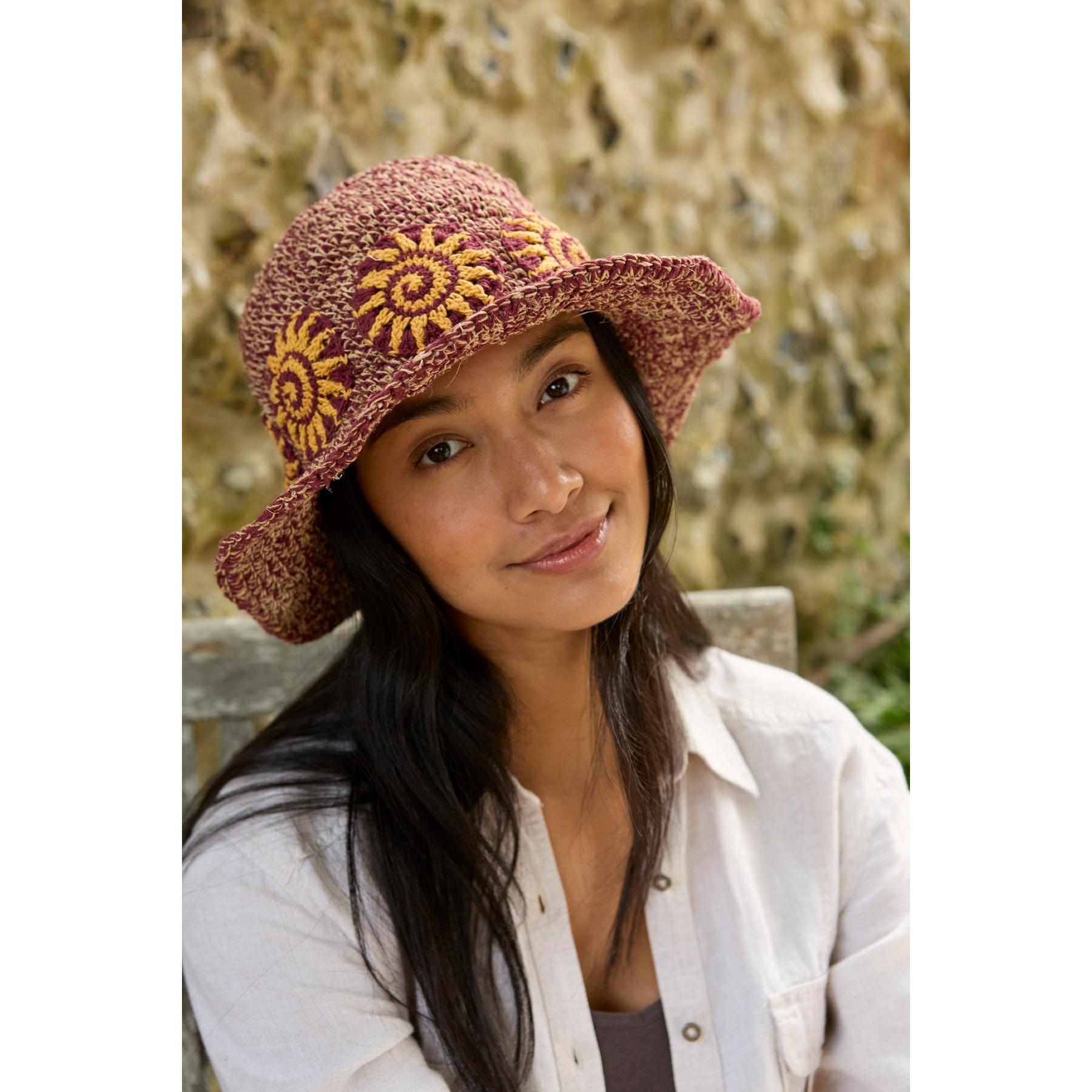 Pachamama Sunshine Hemp/Cotton Hat Burgundy, crocheted cotton and hemp hat; product view 6.