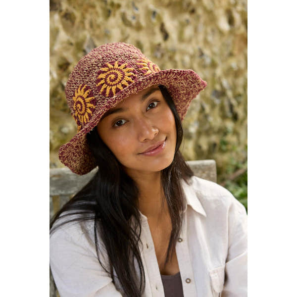 Pachamama Sunshine Hemp/Cotton Hat Burgundy, crocheted cotton and hemp hat; product view 6.
