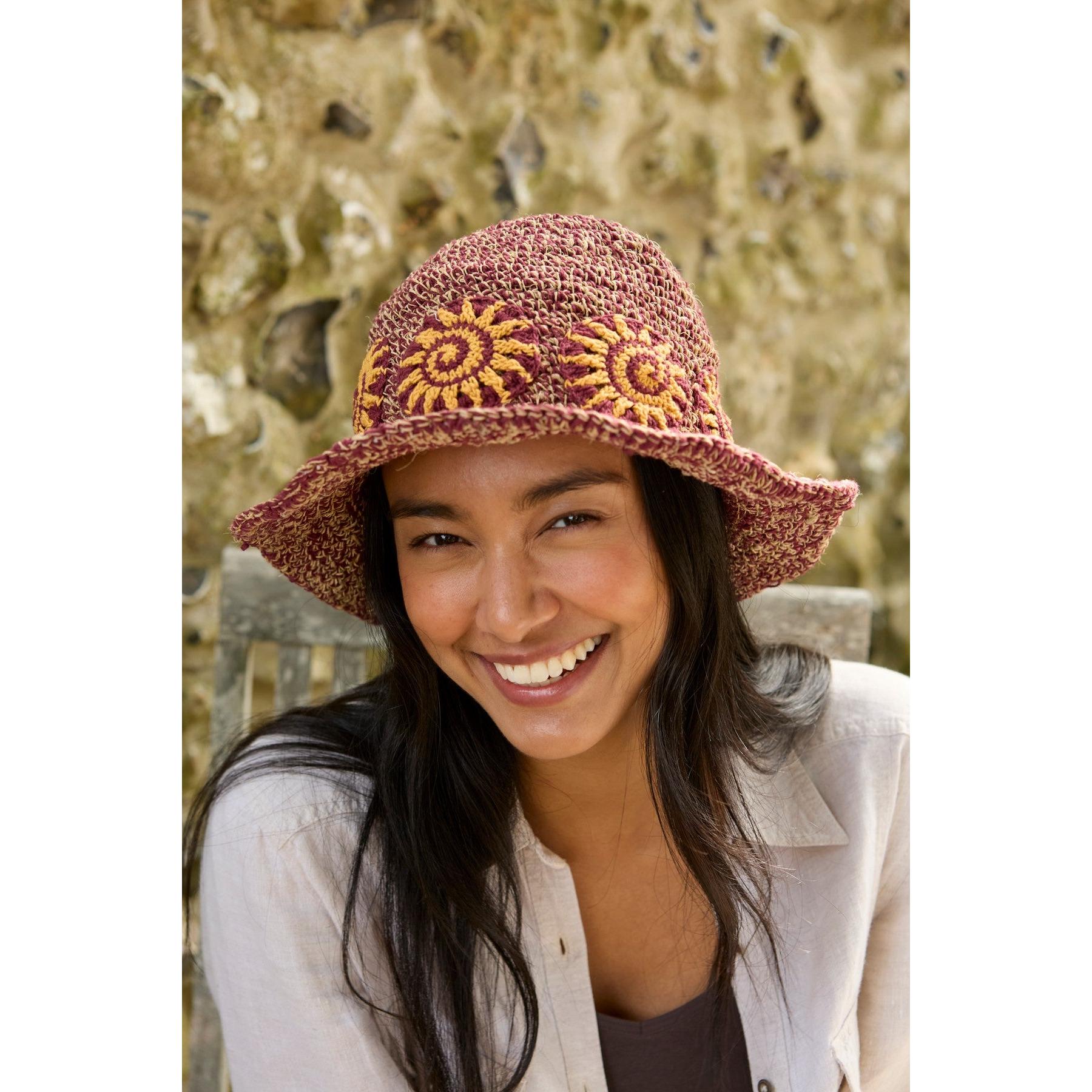 Pachamama Sunshine Hemp/Cotton Hat Burgundy, crocheted cotton and hemp hat; product view 7.