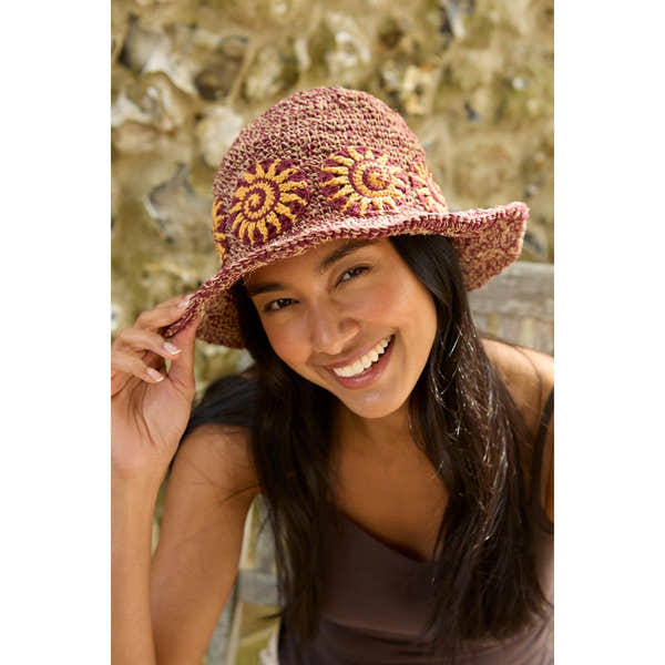 Pachamama Sunshine Hemp/Cotton Hat Burgundy, crocheted cotton and hemp hat; product view.