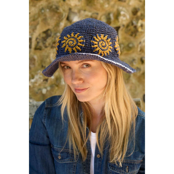 Pachamama Sunshine Hemp/Cotton Hat Denim, crocheted cotton and hemp hat; product view.