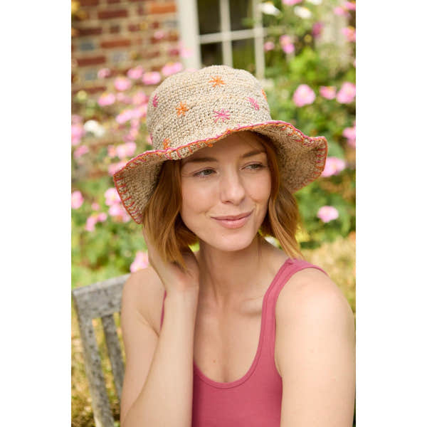 Pachamama Wildflower Hemp/Cotton Hat Pink, crocheted cotton and hemp hat; product view 2.