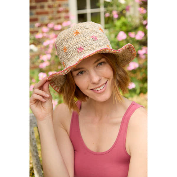 Pachamama Wildflower Hemp/Cotton Hat Pink, crocheted cotton and hemp hat; product view 3.