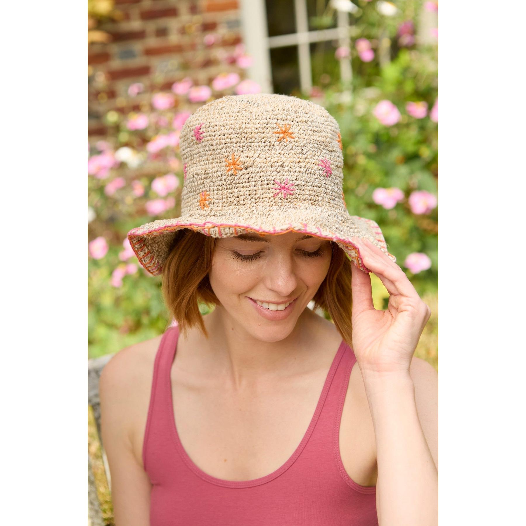 Pachamama Wildflower Hemp/Cotton Hat Pink, crocheted cotton and hemp hat; product view 4.