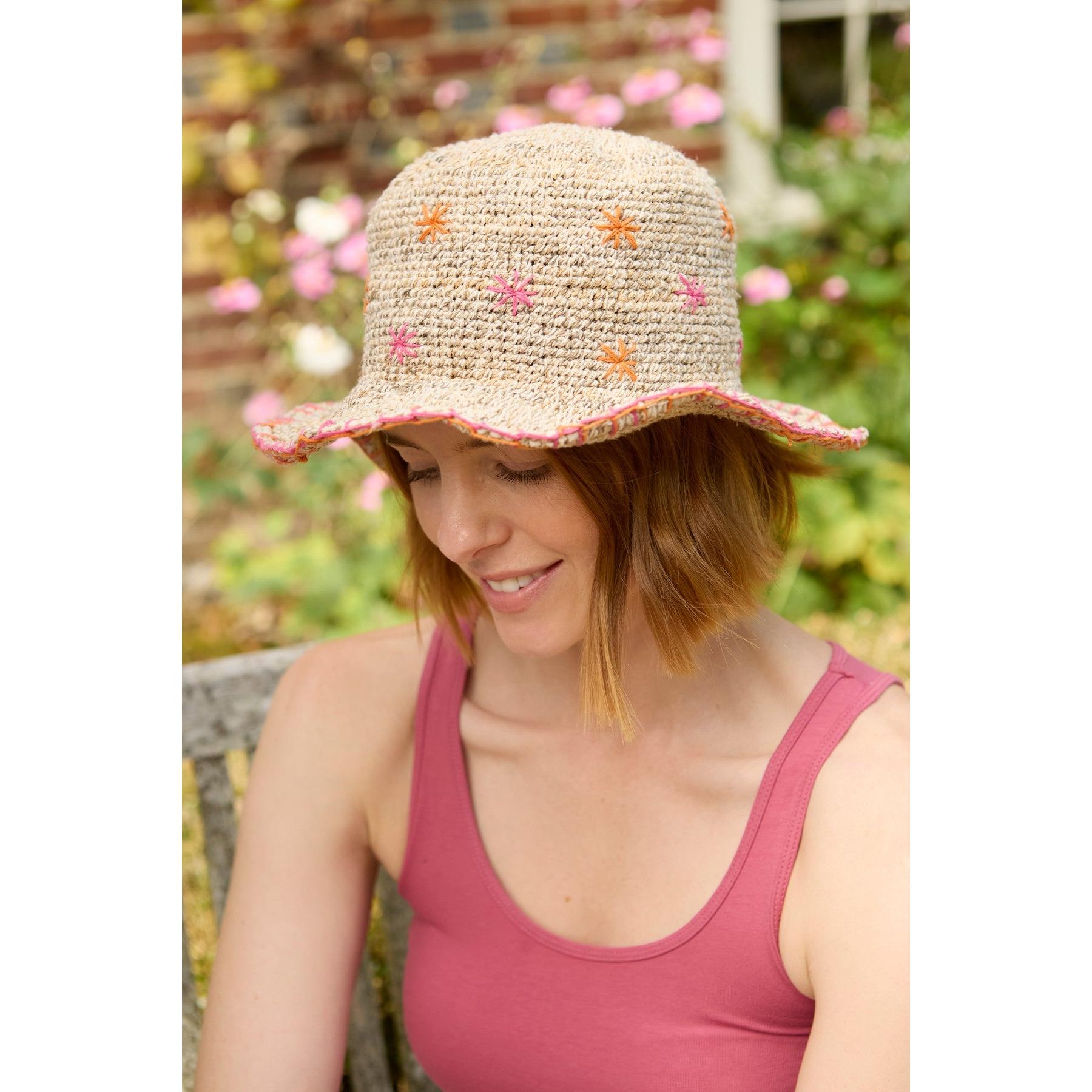 Pachamama Wildflower Hemp/Cotton Hat Pink, crocheted cotton and hemp hat; product view 5.