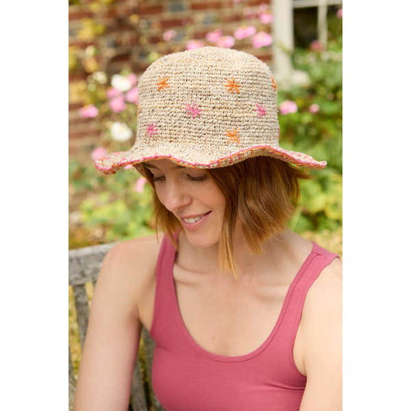 Pachamama Wildflower Hemp/Cotton Hat Pink, crocheted cotton and hemp hat; product view 5.