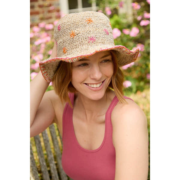 Pachamama Wildflower Hemp/Cotton Hat Pink, crocheted cotton and hemp hat; product view 6.