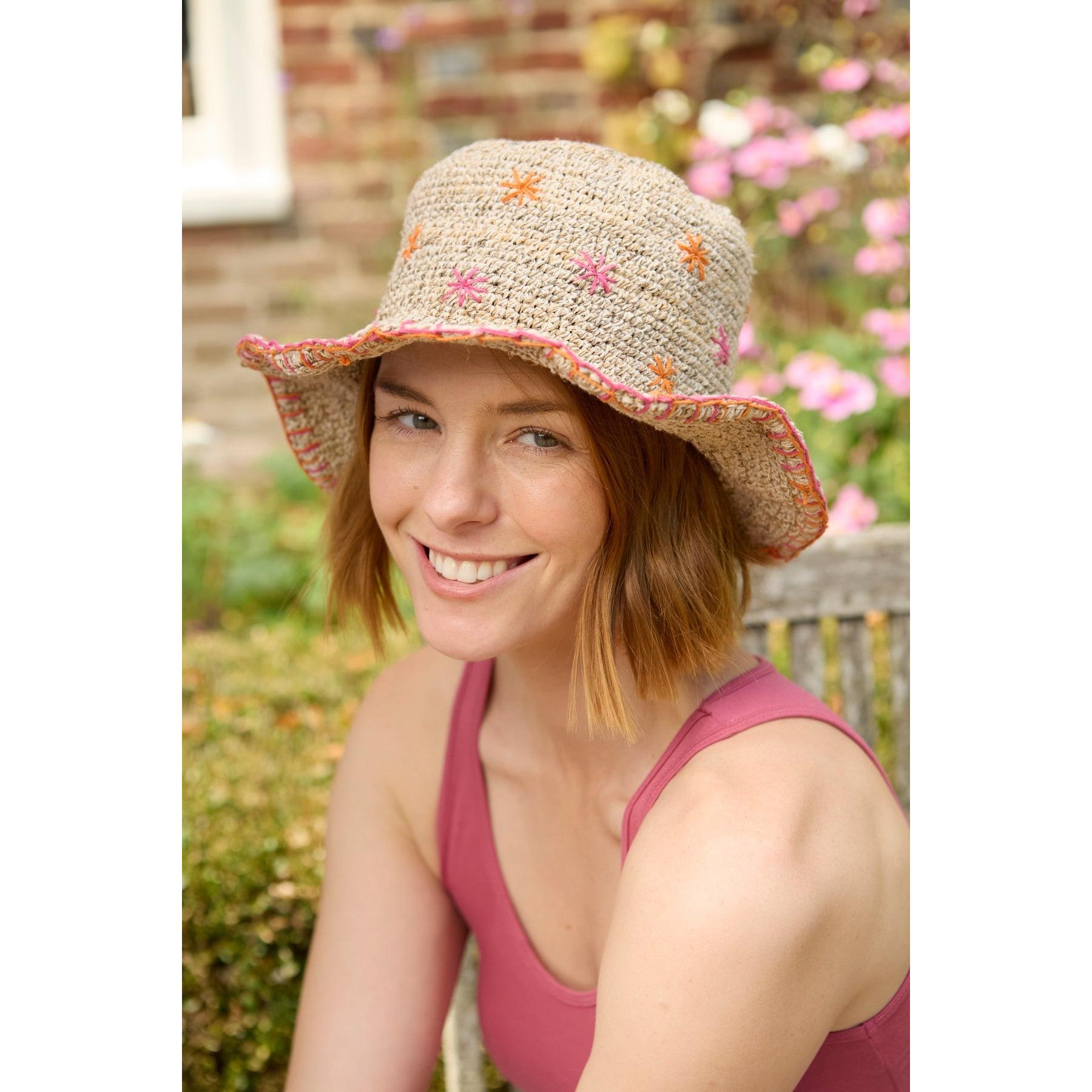 Pachamama Wildflower Hemp/Cotton Hat Pink, crocheted cotton and hemp hat; product view.