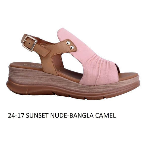 Pink and tan leather wedge sandal with buckle strap, ruched pink upper, and wooden-look platform sole.