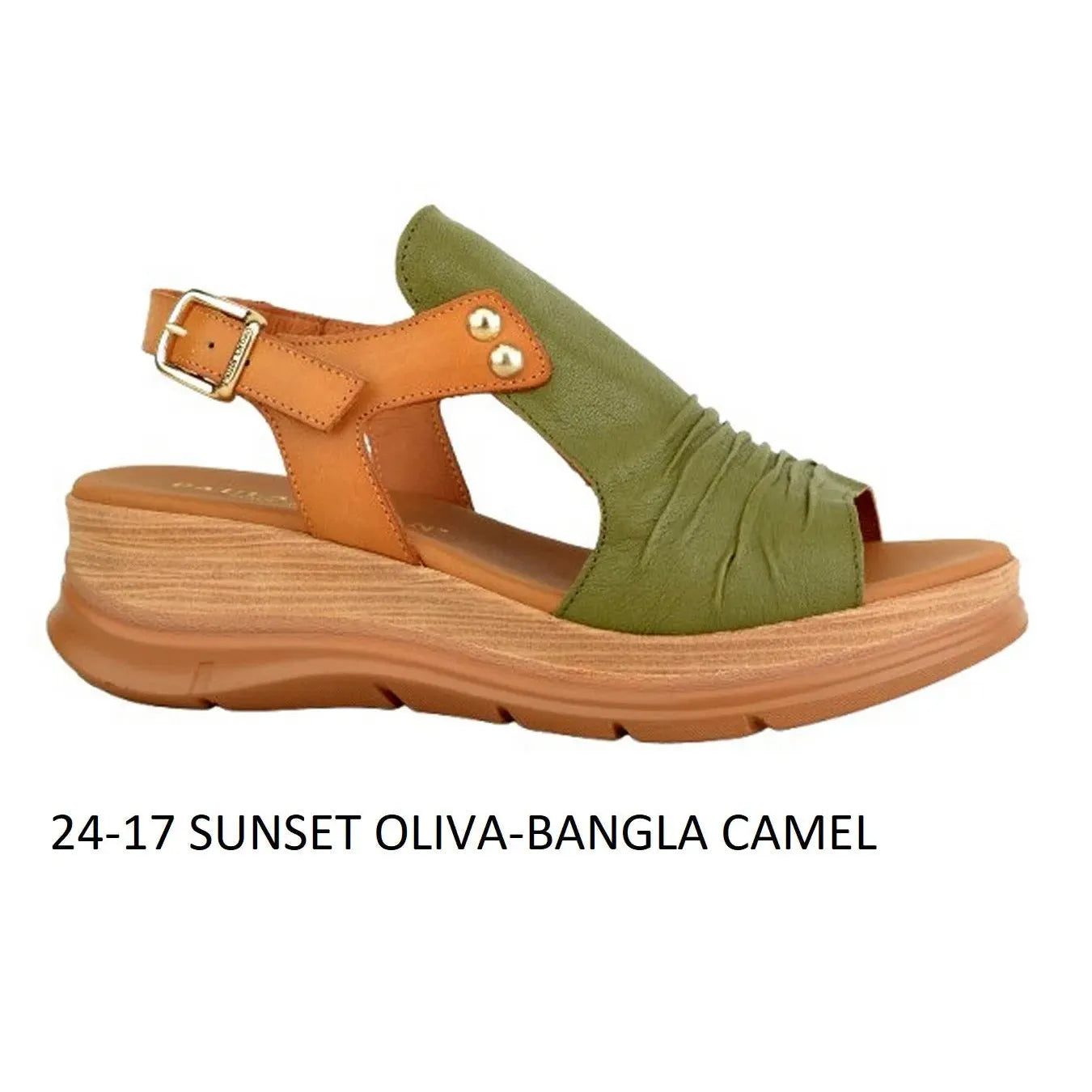 Colorful Paula Urban women's leather sandal with green ruched upper, tan ankle strap with buckle, and wooden platform sole.