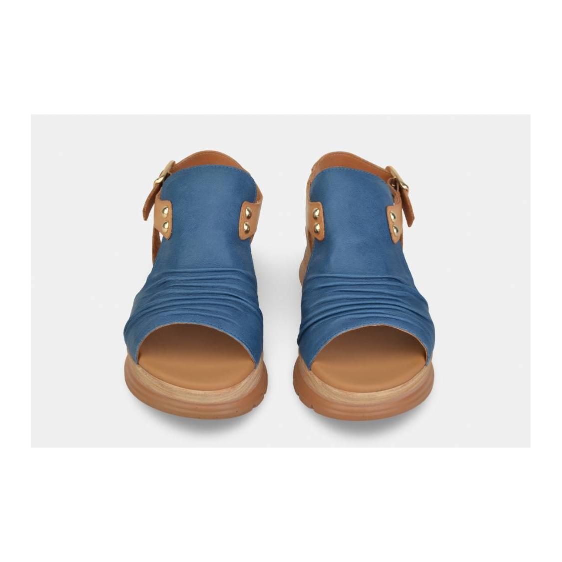 Paula Urban 24-17 Sunset women's Spanish leather buckle sandals in blue and brown with open toe and chunky sole.