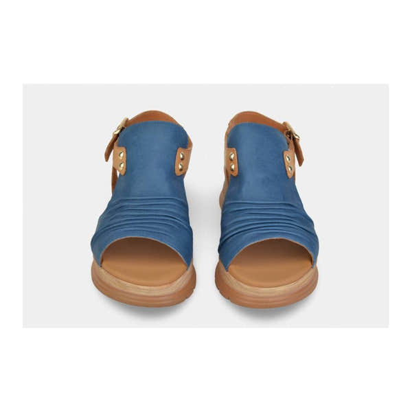 Paula Urban 24-17 Sunset women's Spanish leather buckle sandals in blue and brown with open toe and chunky sole.