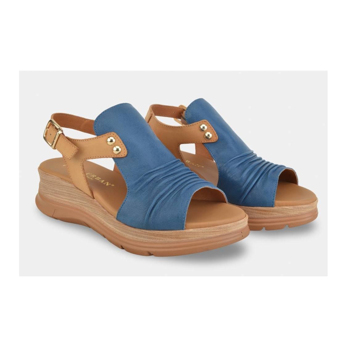 Paula Urban Sunset Ladies sandals with blue and tan leather straps, buckle closure, and wooden wedge sole.