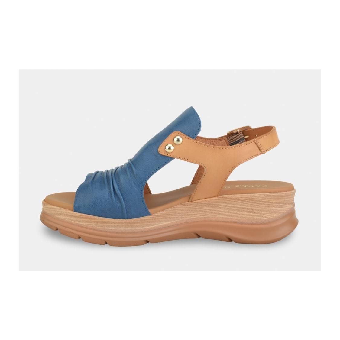 Paula Urban Sunset Ladies' blue and brown leather buckle sandals with cushioned platform sole.