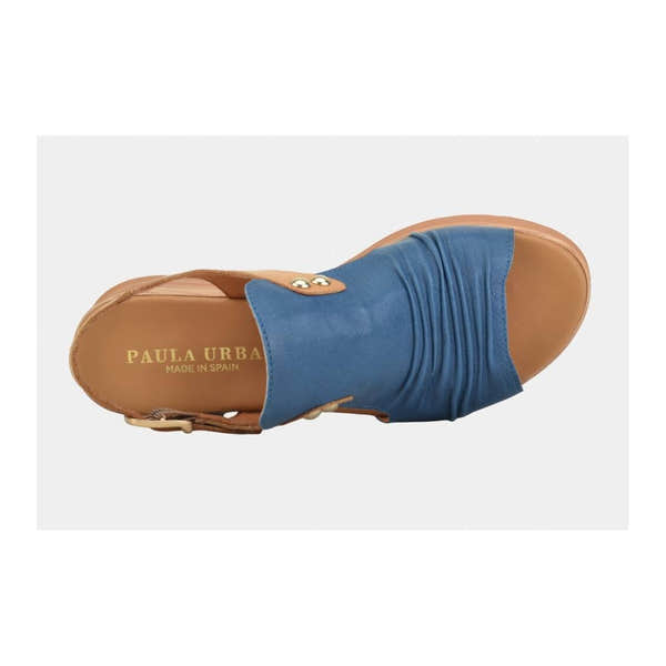 Paula Urban Sunset Ladies sandals, Spanish leather, blue and brown buckle strap, slip-on style.