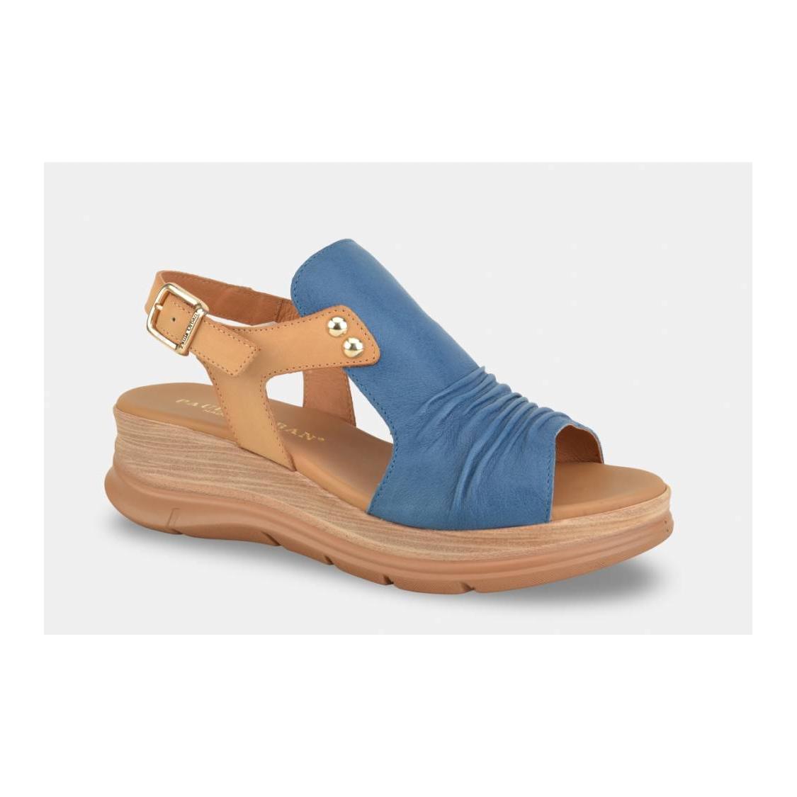 Paula Urban 24-17 Sunset Ladies sandals with blue leather upper, brown ankle strap, and buckle, platform sole, stylish and comfortable.