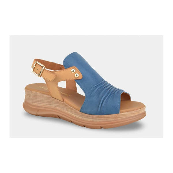 Paula Urban 24-17 Sunset Ladies sandals with blue leather upper, brown ankle strap, and buckle, platform sole, stylish and comfortable.