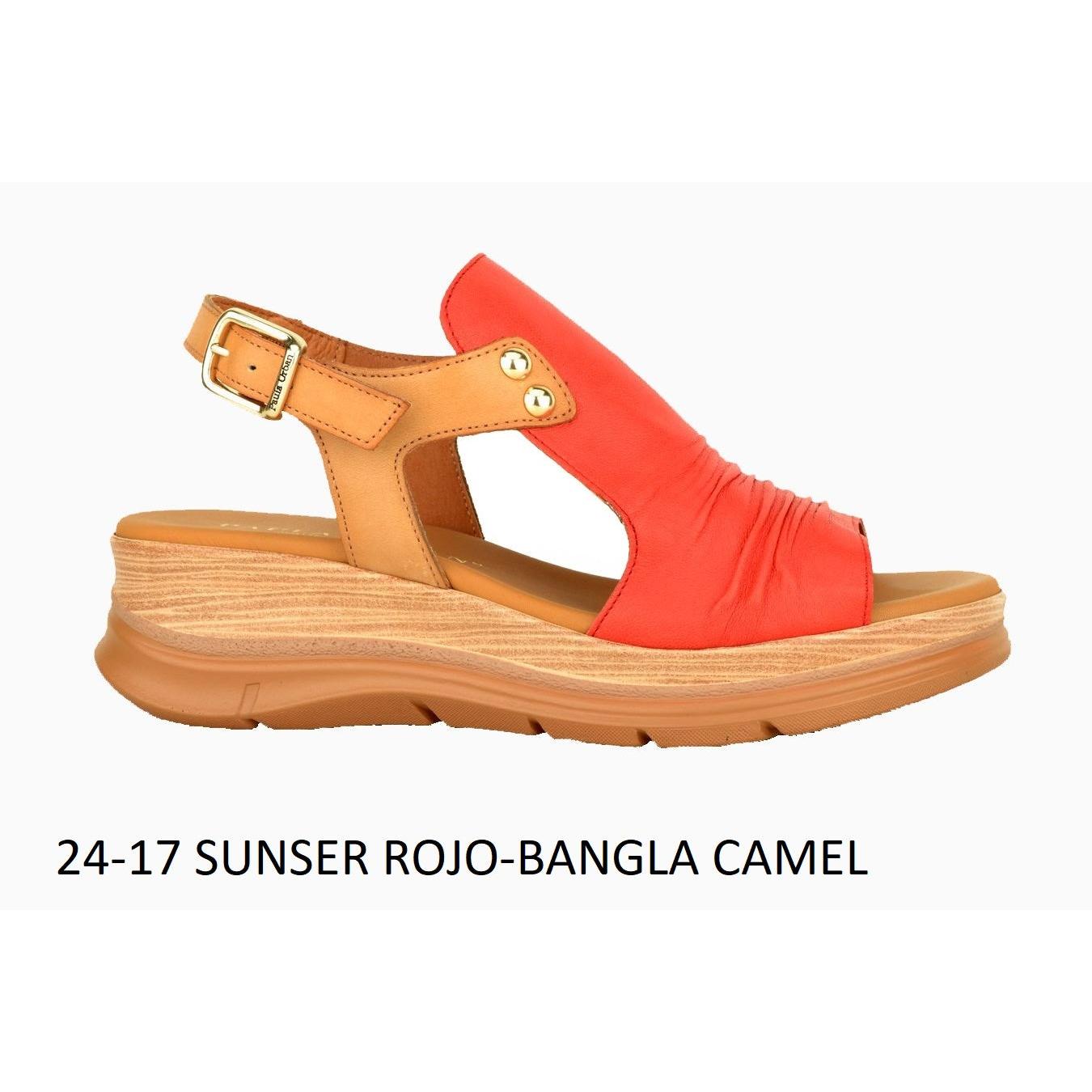Paula Urban women's Sunset 24-17 red leather and camel-colored buckle sandals with a chunky wooden-style sole.