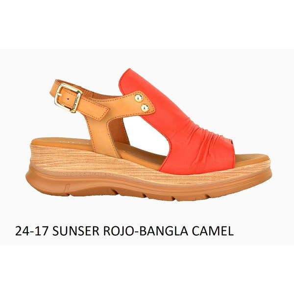 Paula Urban women's Sunset 24-17 red leather and camel-colored buckle sandals with a chunky wooden-style sole.