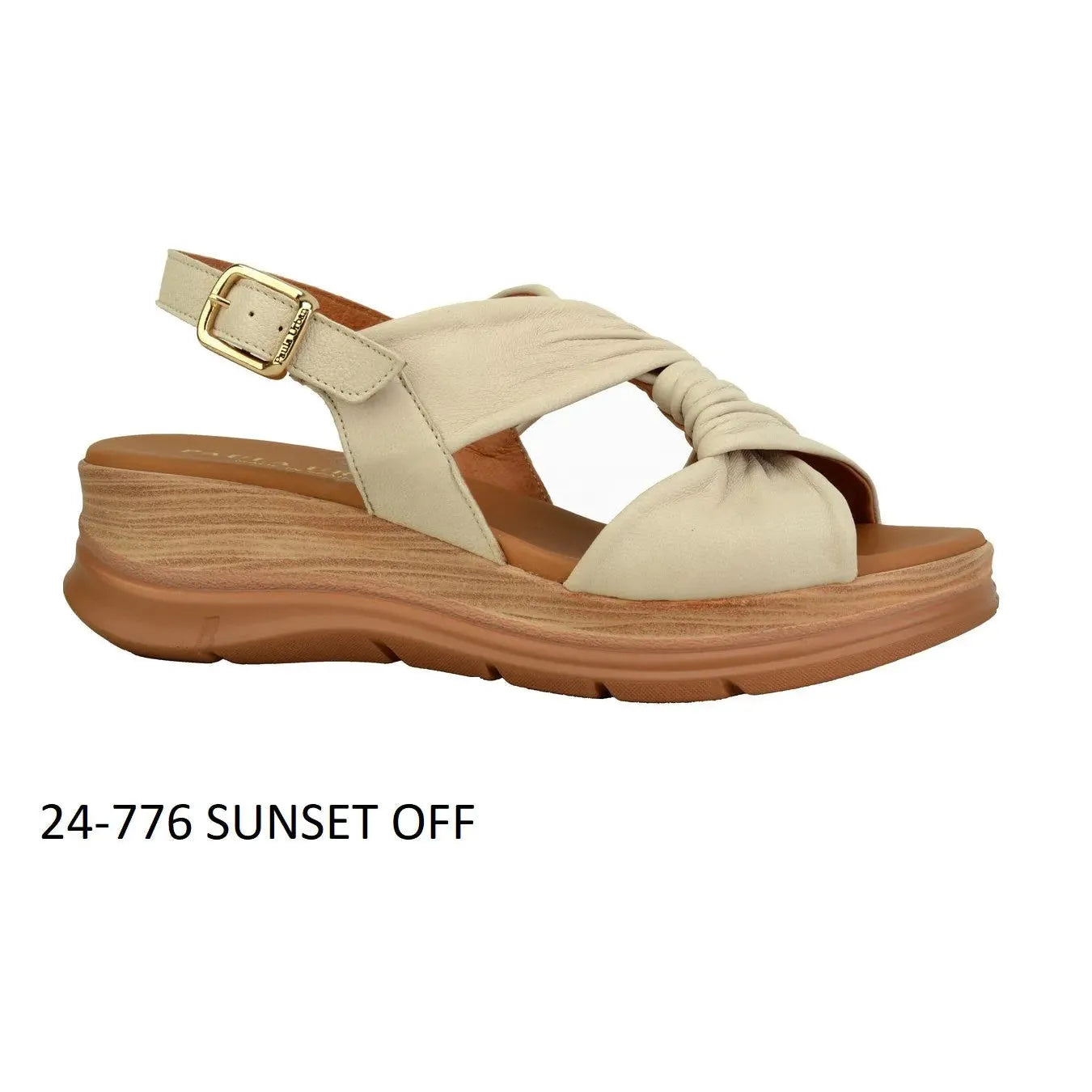 Paula Urban Sunset ladies off-white leather buckle sandals with twisted strap design and textured platform sole.