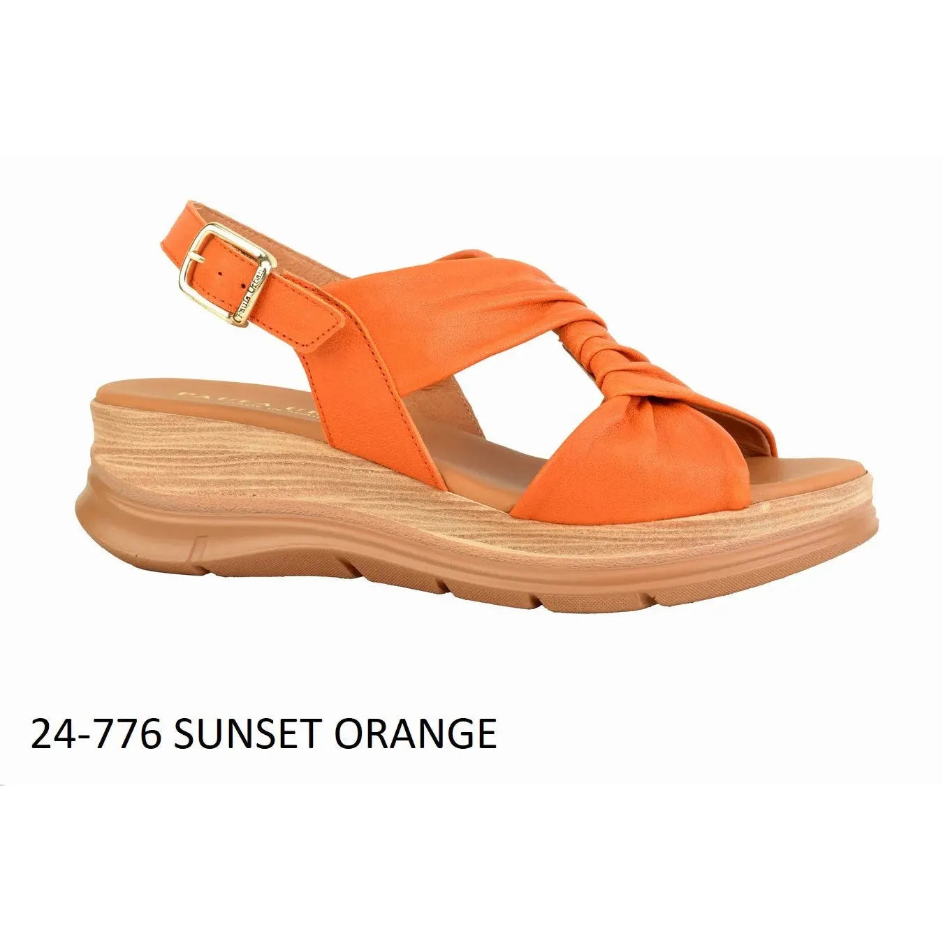 Sunset Ladies Spanish Orange Leather Buckle Sandals with twisted strap design and wedge sole.