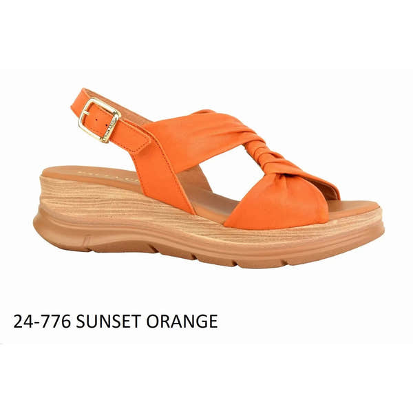 Sunset Ladies Spanish Orange Leather Buckle Sandals with twisted strap design and wedge sole.