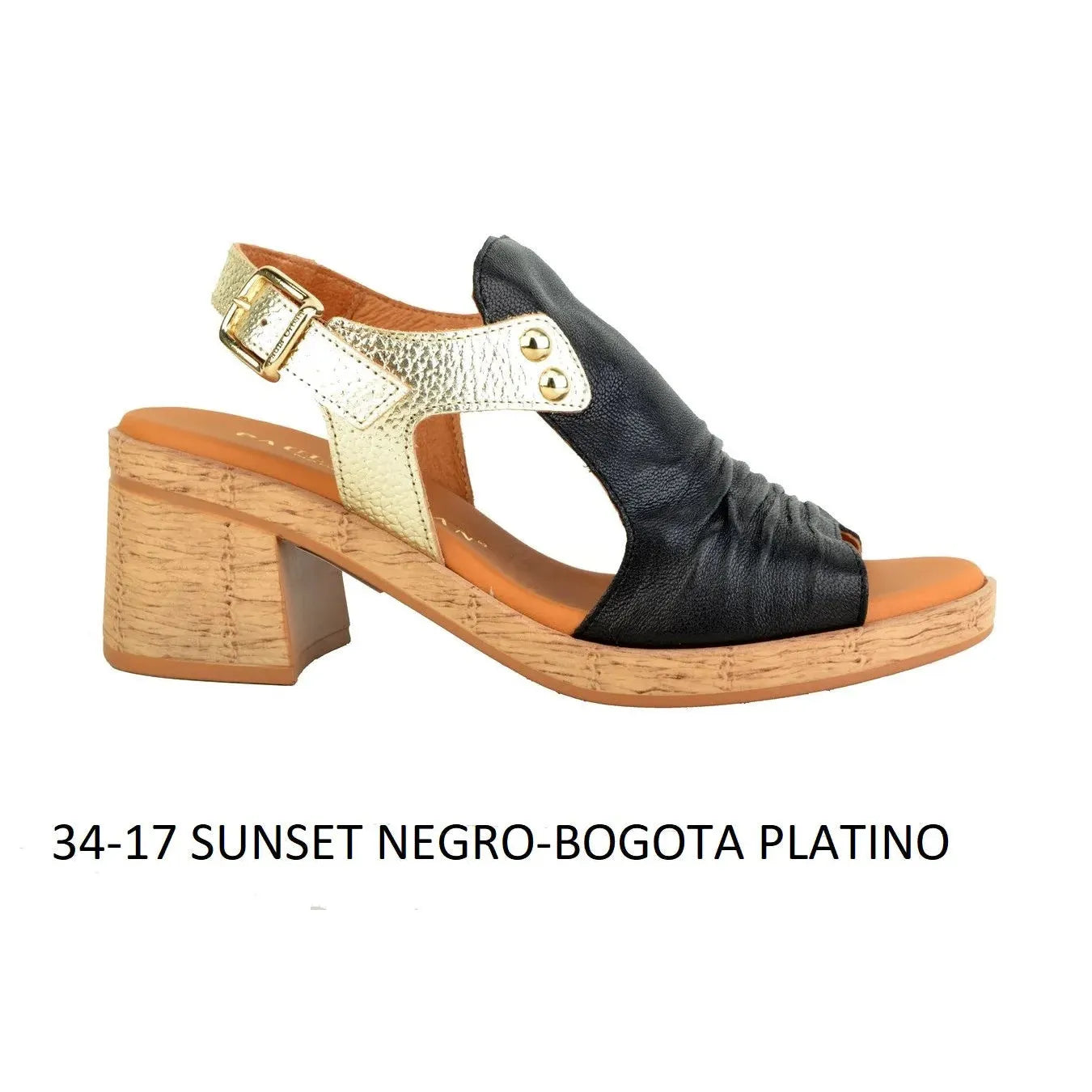 Black leather and gold metallic buckle sandals with wooden block heel, Paula Urban Bogota Platino Sunset style.