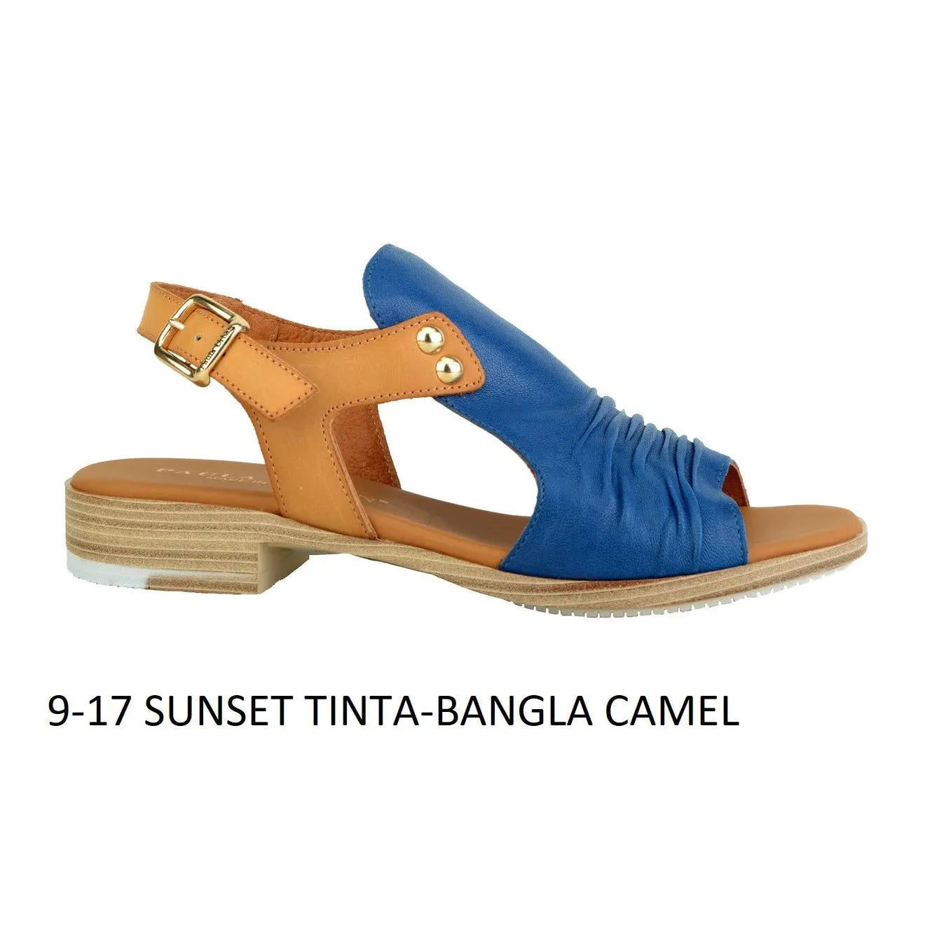 Blue and tan leather buckle sandal with ruched blue strap, cork sole, and ankle strap, size 9-17.