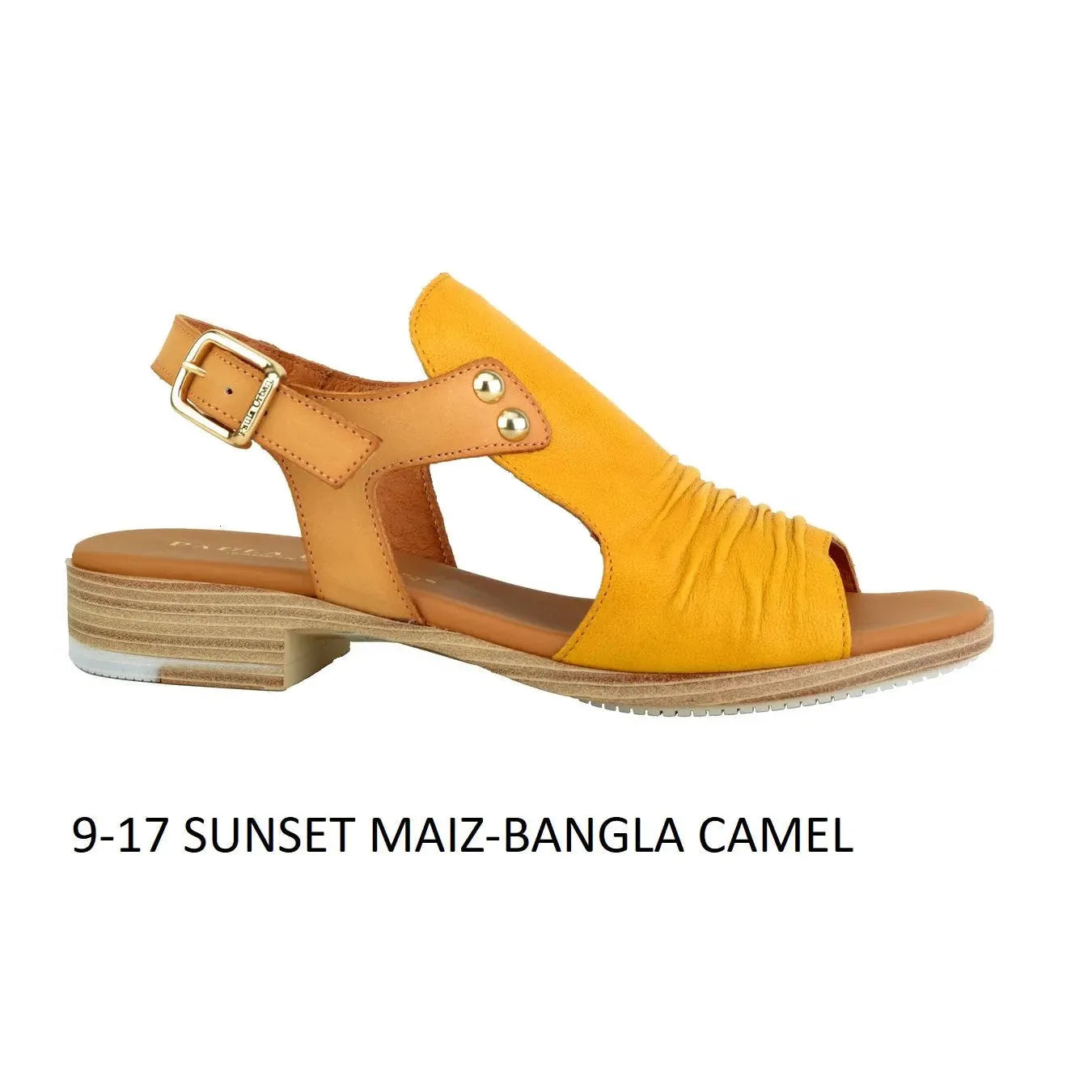 Yellow and brown leather women's sandals with buckle closure, ruched strap design, open toe, and low stacked heel.