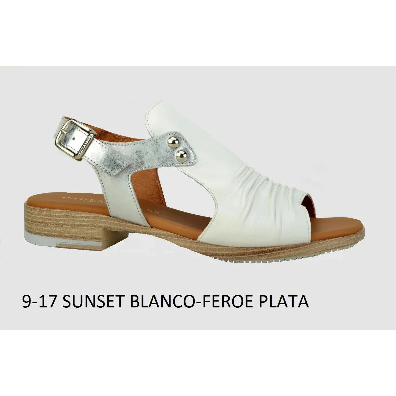 Paula Urban Feroe Plata ladies open white/silver leather buckle sandals with ruched front and low stacked heel.