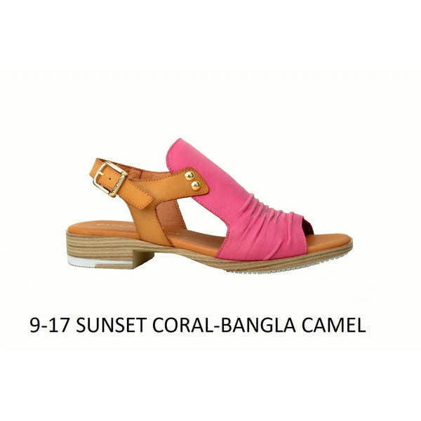 Sunset ladies' sandals with pink ruched leather strap, tan ankle strap with buckle, and low stacked heel.