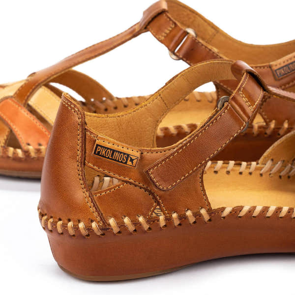 Pikolinos Vallarta Brandy Leather T-Bar Sandals with stitched details and adjustable strap, outdoor casual footwear.