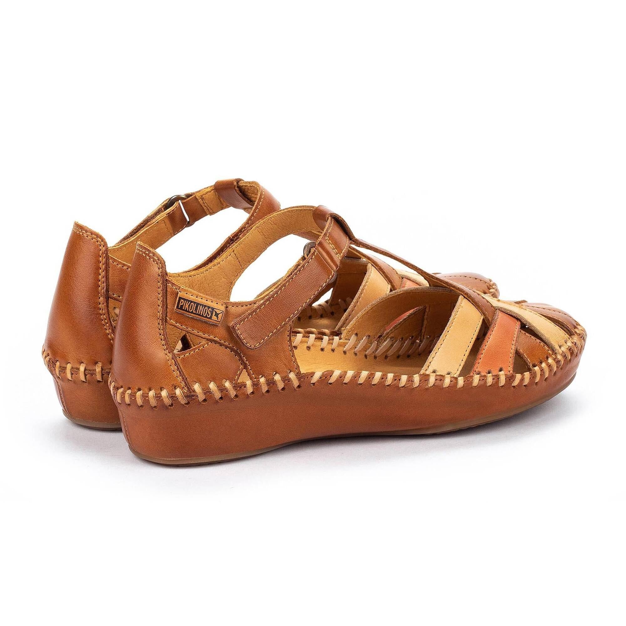 Pikolinos Vallarta Brandy leather T-Bar sandals with woven sole and adjustable straps, stylish and comfortable women's footwear.