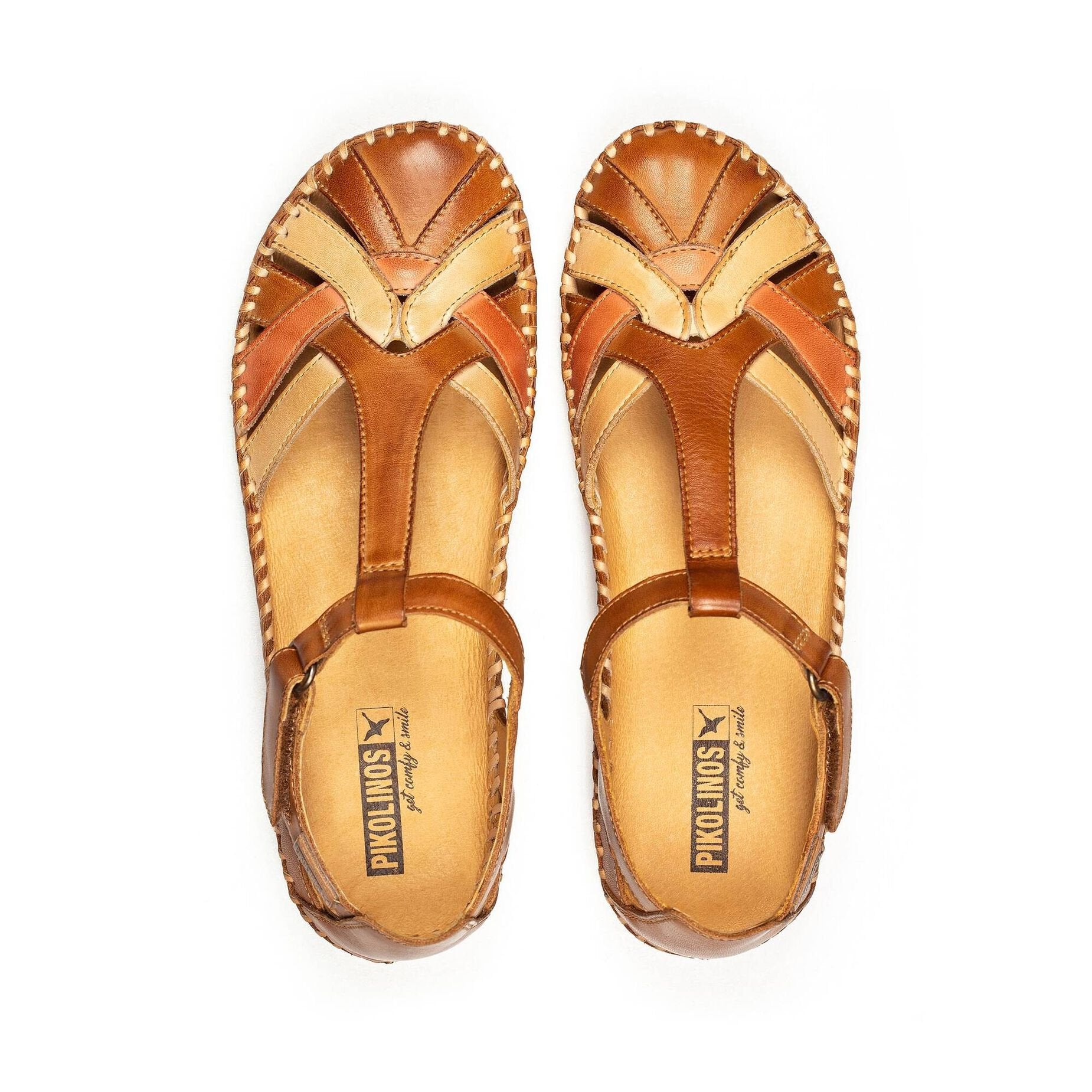 Pikolinos Vallarta Brandy Leather T-Bar Sandals with open toe design and woven leather upper.