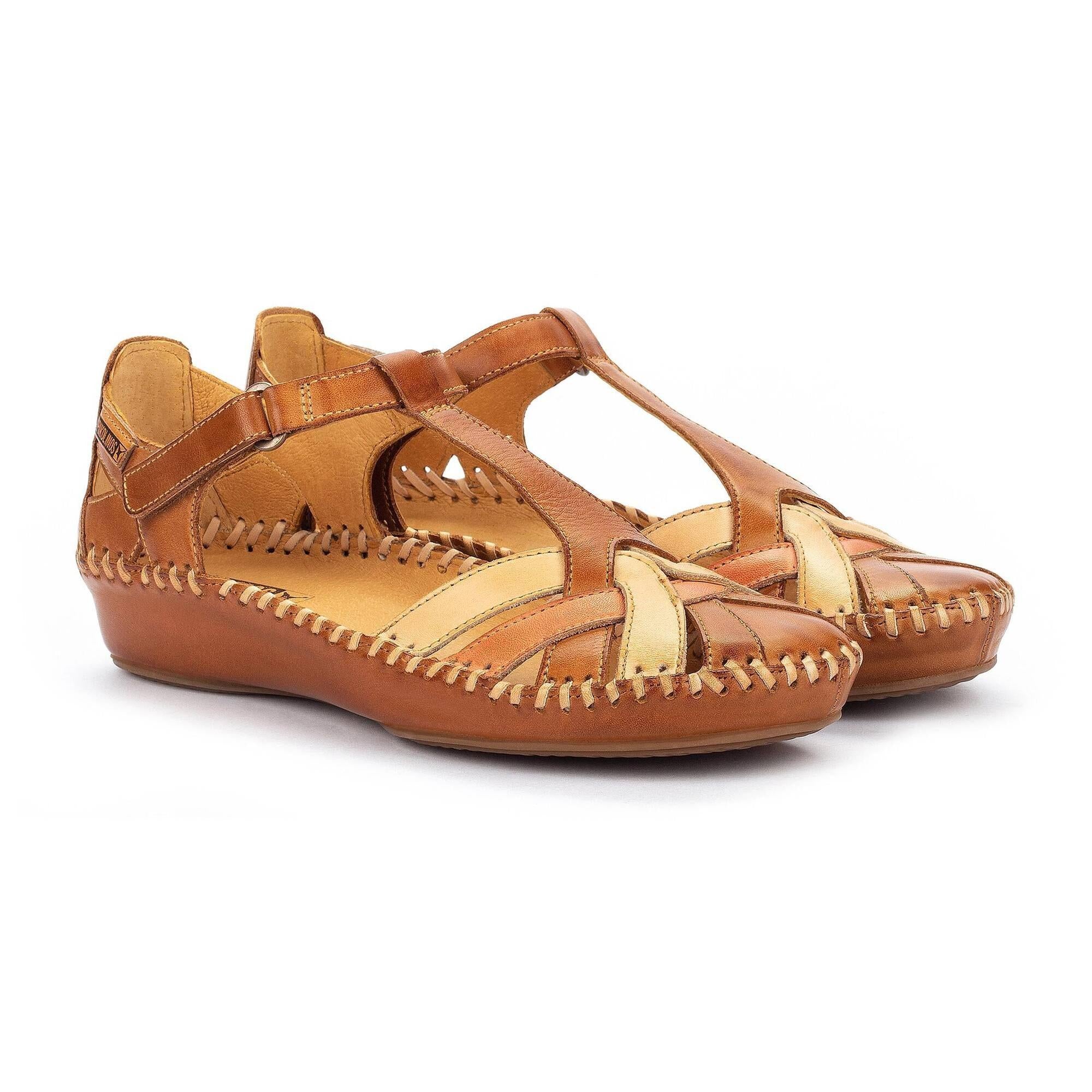 Pikolinos Vallarta Brandy Leather T-Bar Sandals with open toe, stitched detailing, and adjustable strap for women.